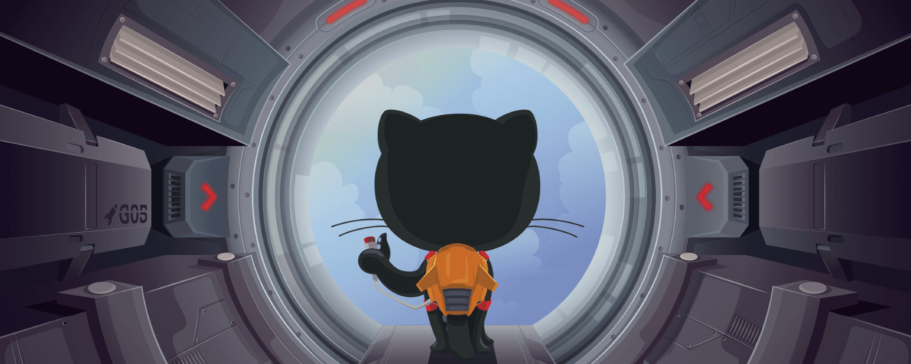 The GitHub mascot looking out of a spaceship porthole